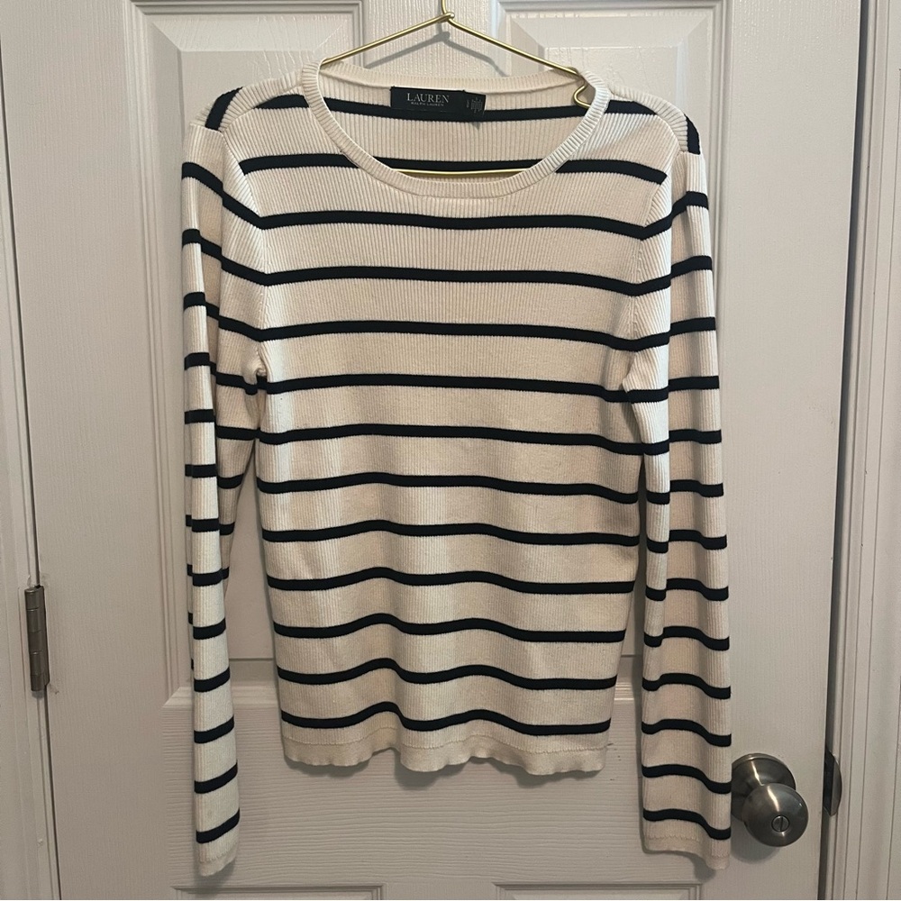 Lauren Ralph Lauren Cream Black Striped Ribbed Knit Crewneck Slim Fit L Classic - Picture 4 of 8
